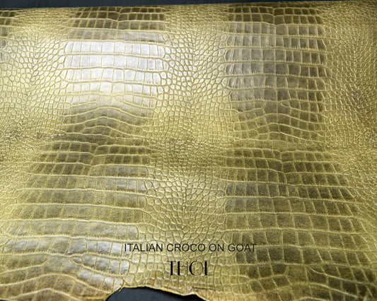 Italian Olive Green Baby Croco Print on Goat